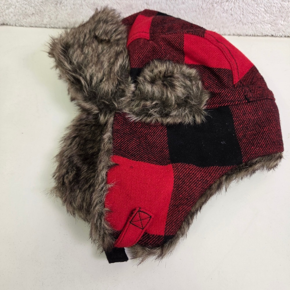 Swiss Tech Performance Gear Red Black Buffalo Plaid Faux Fur Trapper Hat OSFM
